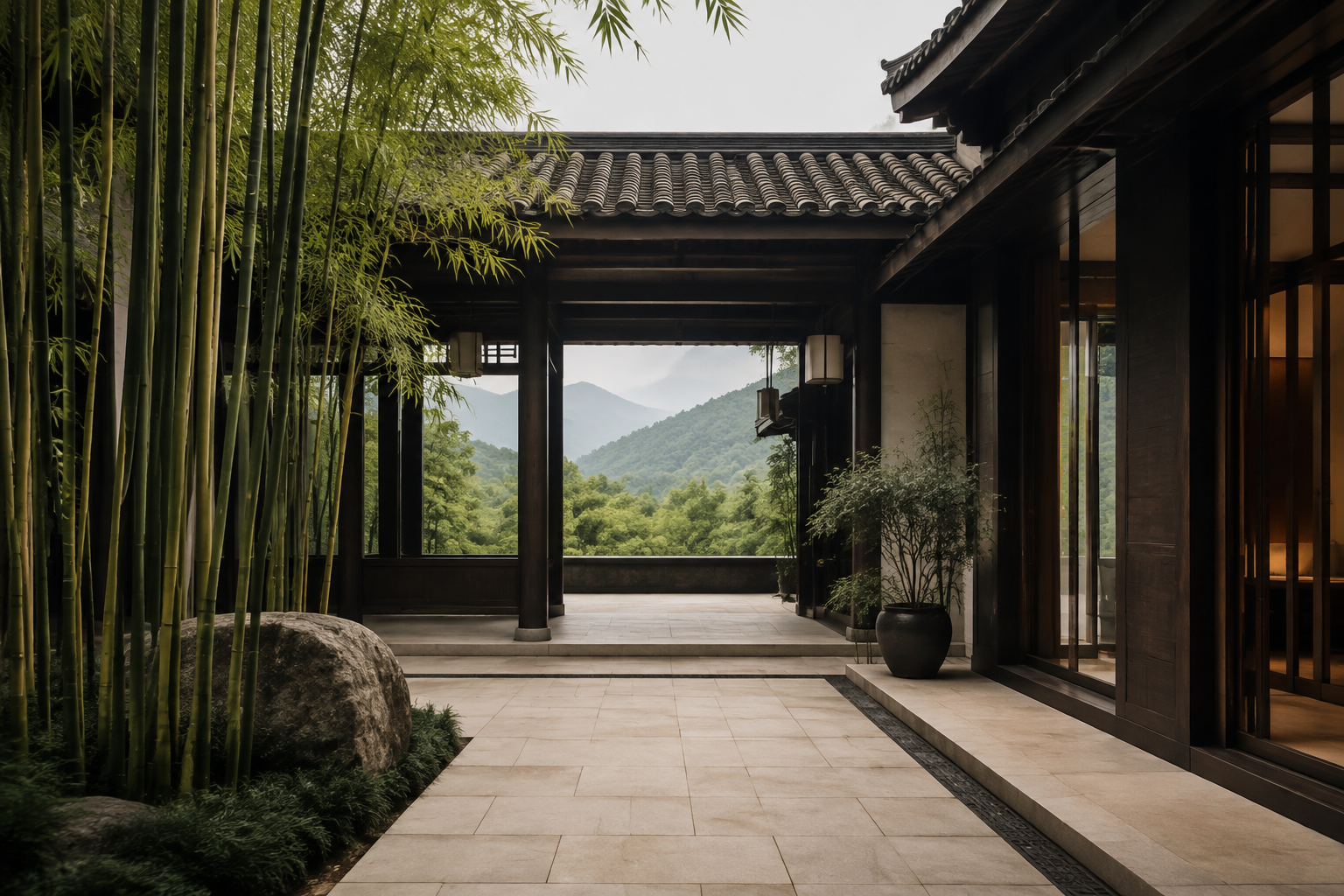 Illustration of a contemporary Chinese courtyard with bamboo and mountain views